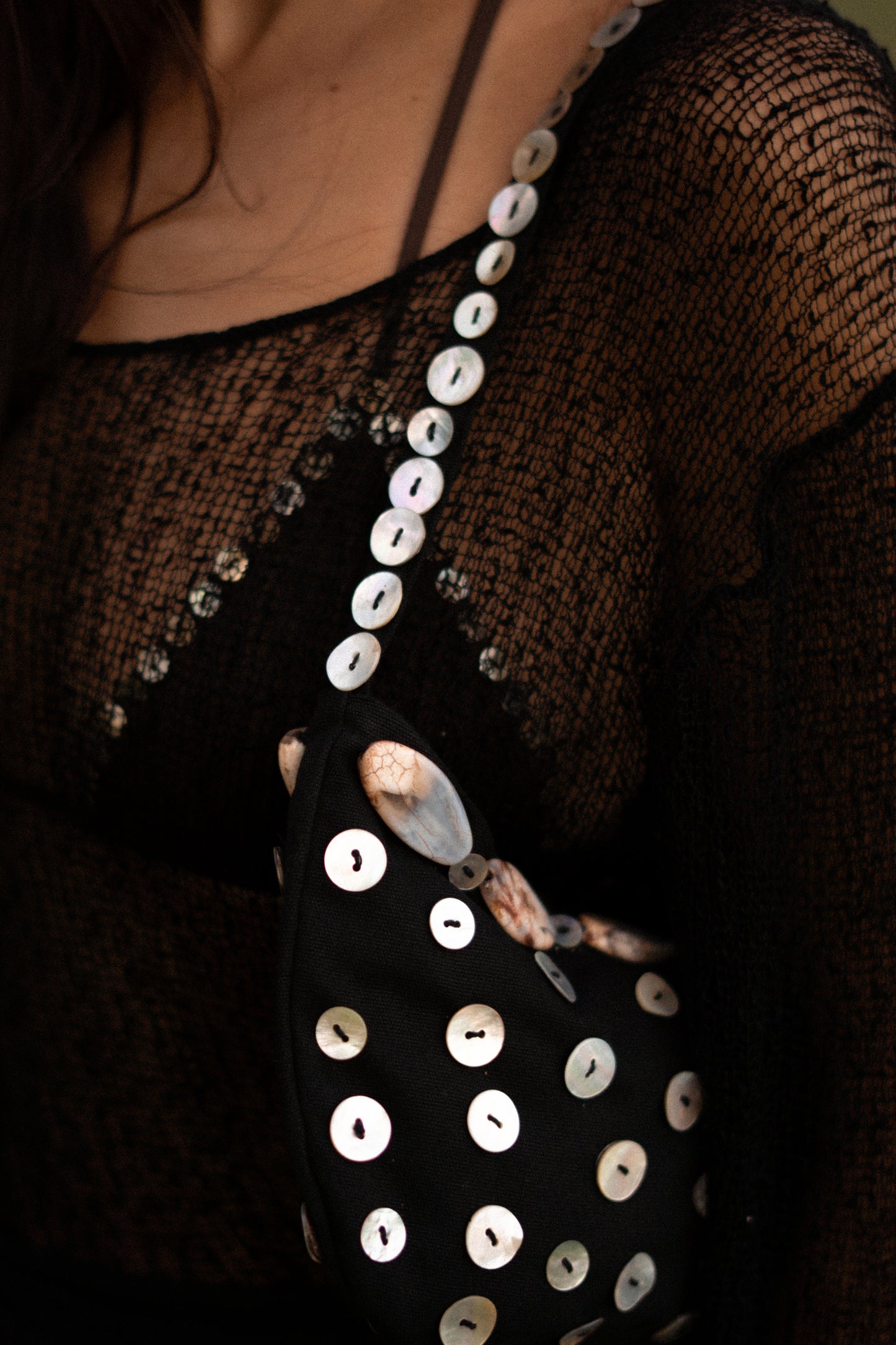 Victoria - Black Seashell button & stone handbag