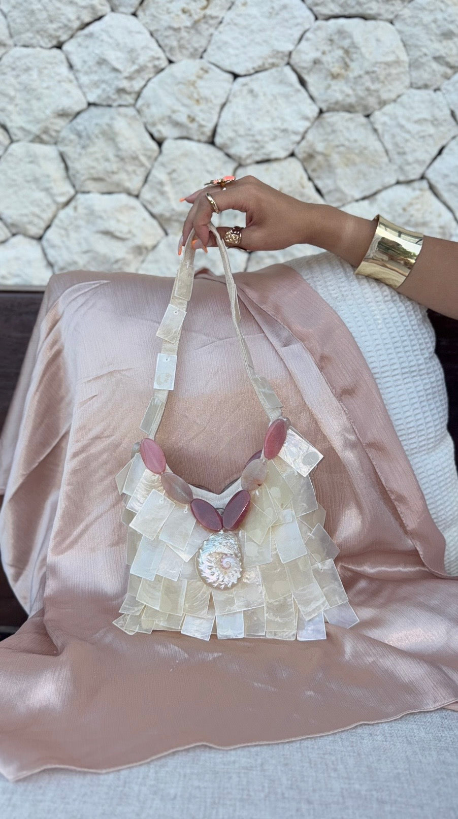 Maria - Rectangular seashell & stone handbag